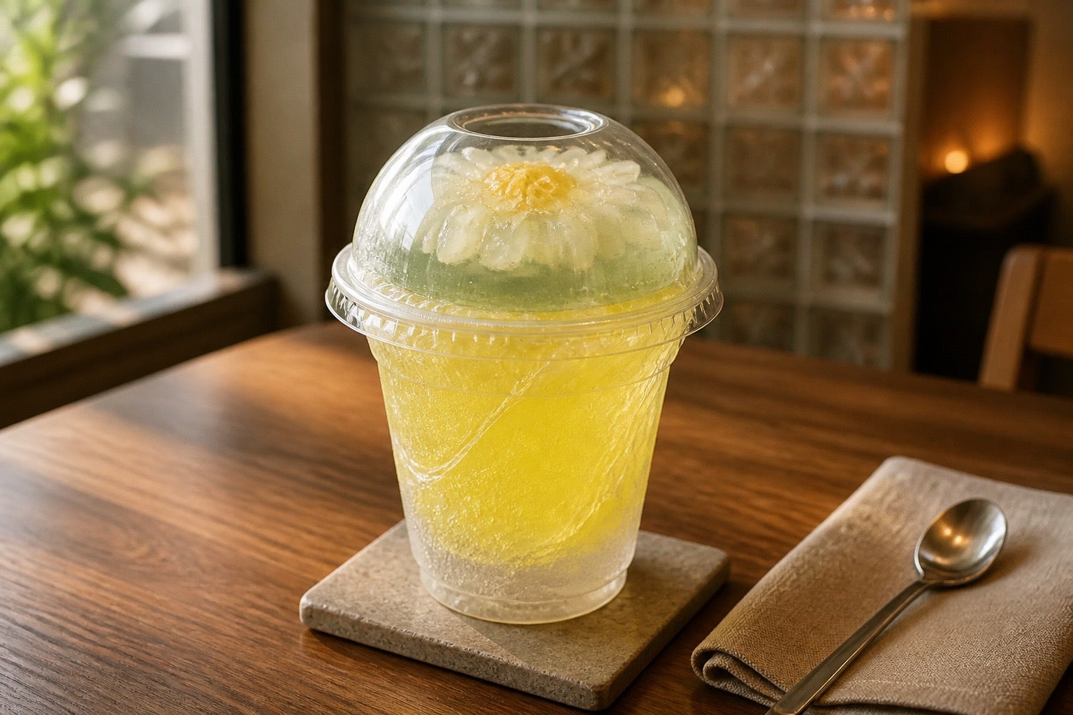 Clear plastic cup with yellow soap drink on a wooden table