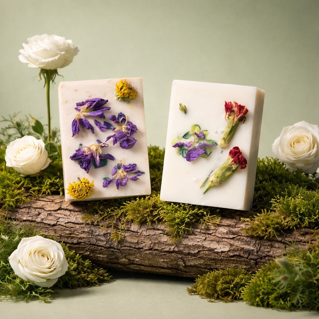 Two bars of soap with embedded flowers on a log with greenery and roses in the background
