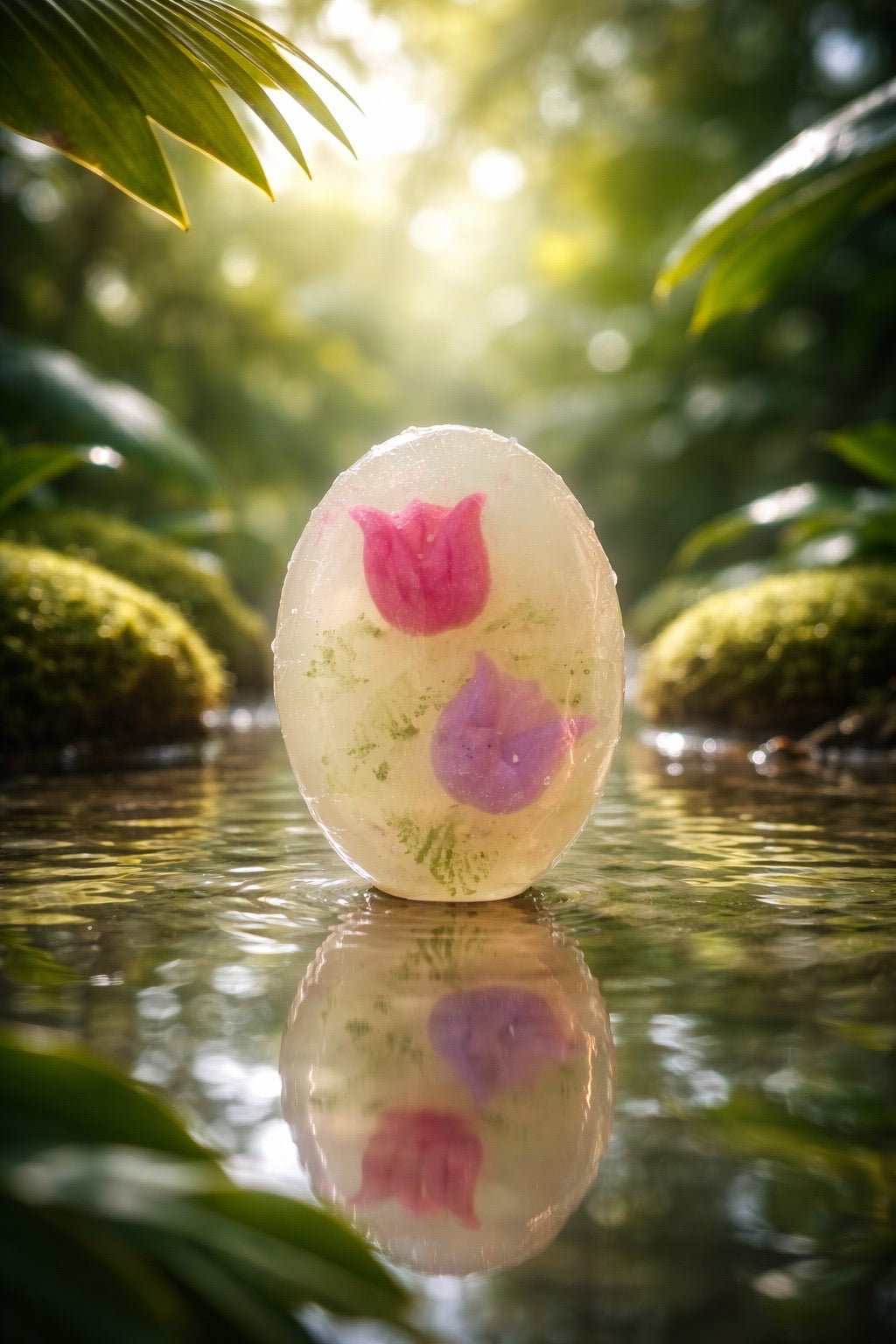 Decorative oval soap with pink floral designs on a reflective water surface surrounded by greenery