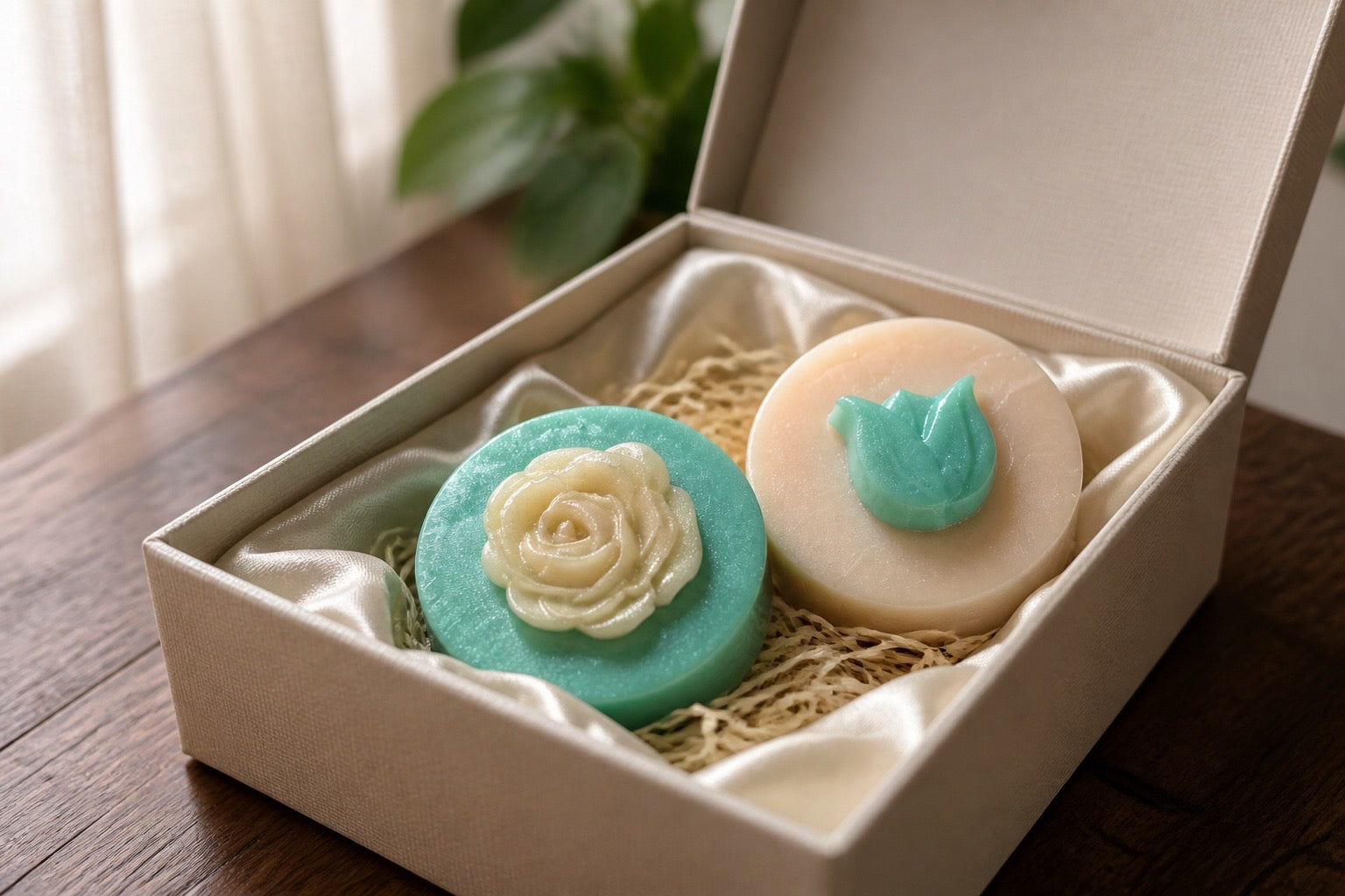 Two decorative soaps with floral designs in a box on a wooden surface.