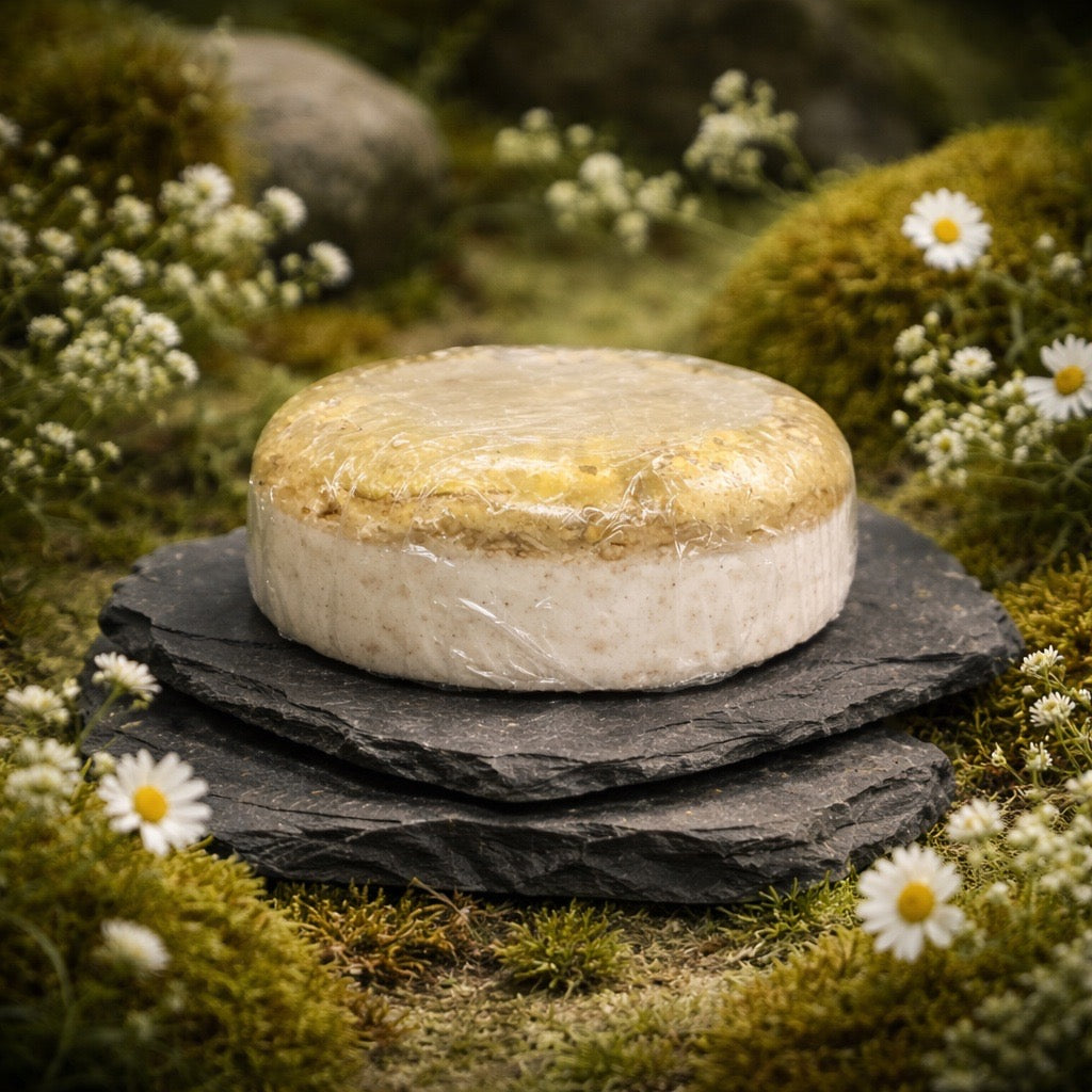 Round stone spa  object on a slate surface with a natural background of moss and flowers