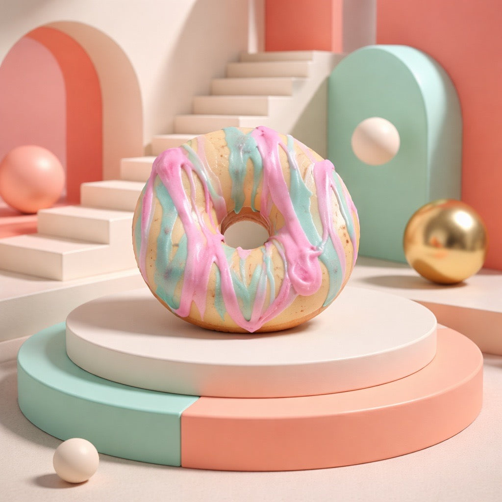 Colorful soap donut on a geometric platform with pastel-colored walls and objects.