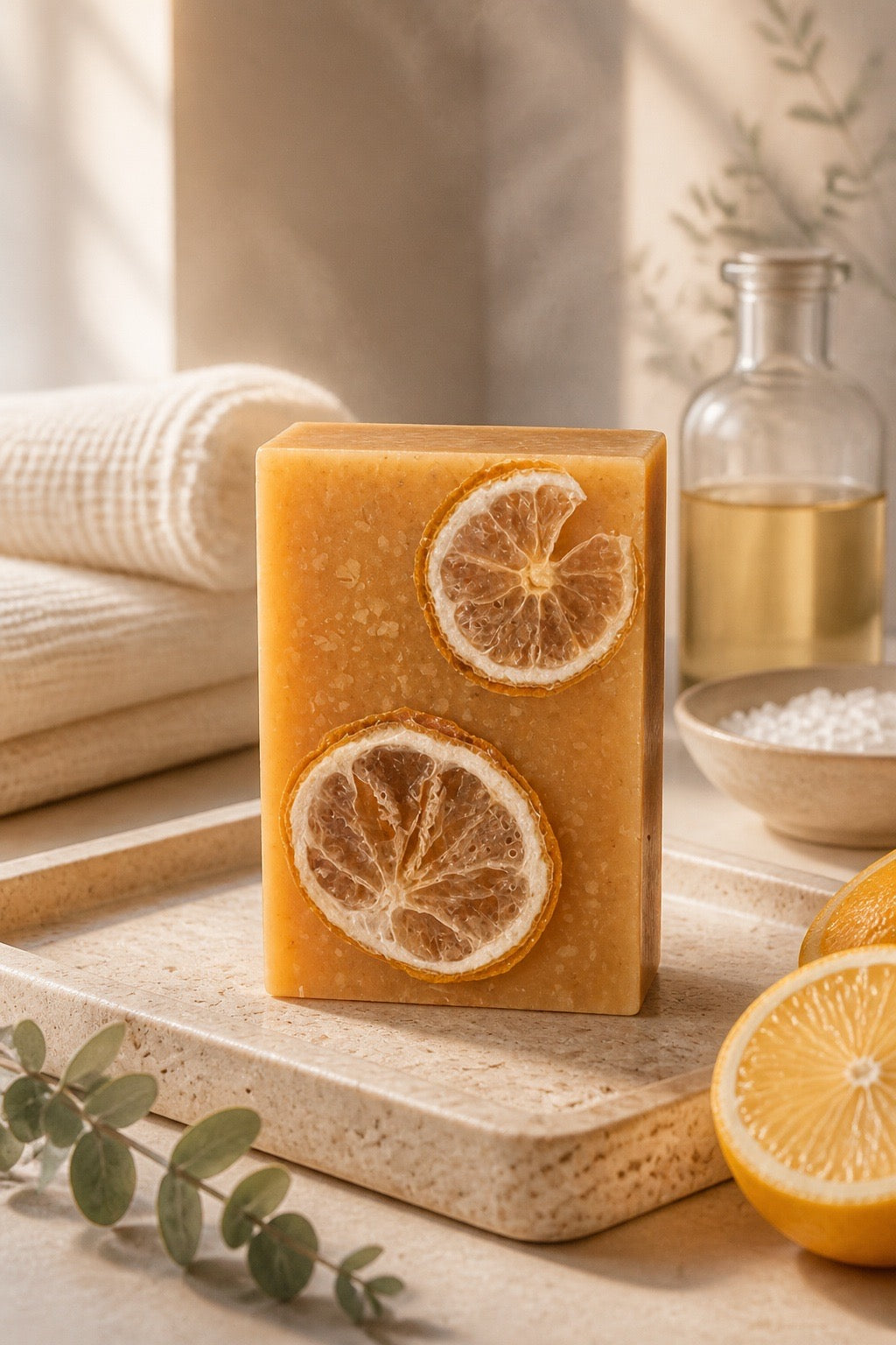 Bar of soap with lemon slices on a wooden surface with lemons and a bottle in the background