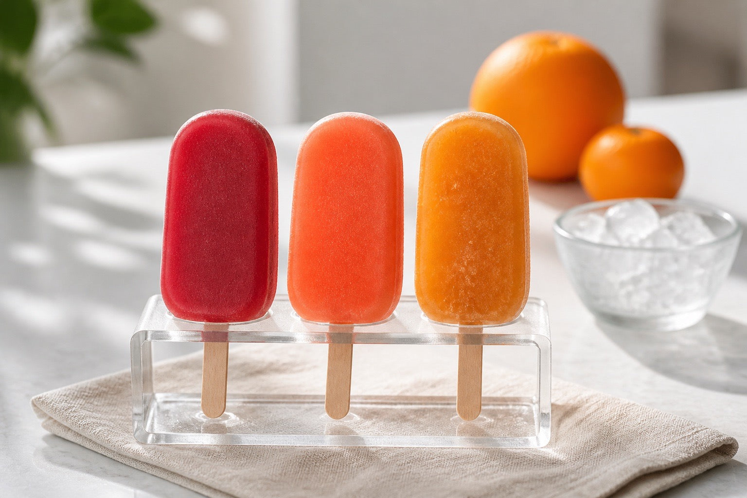 Three colorful soap popsicles on a stand with oranges and ice cubes in the background.