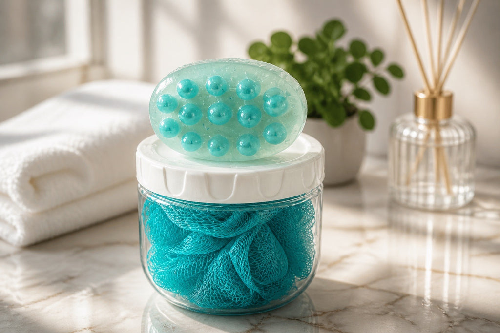 Container with blue soap,  bath pouf and scrubber on a marble surface with a plant in the background