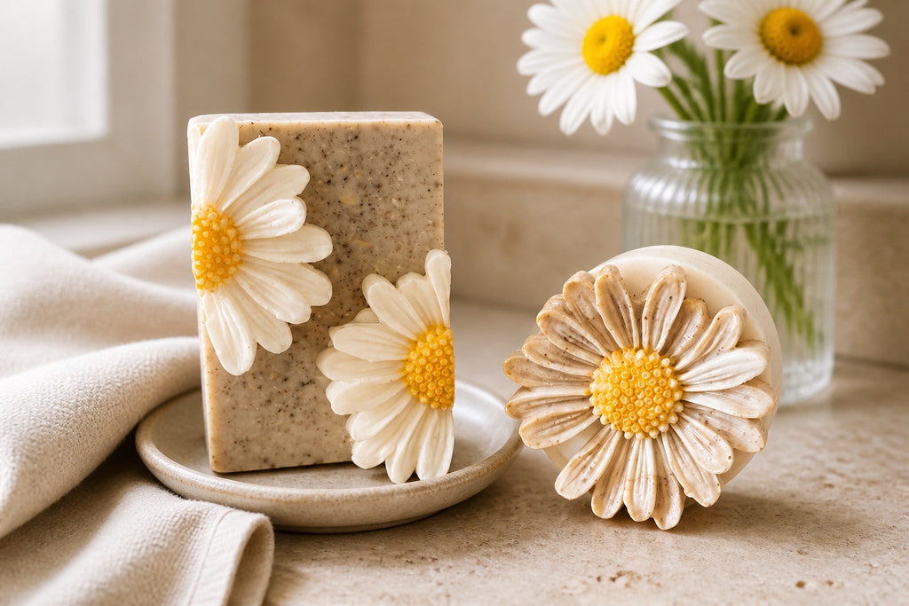 Bar of soap with daisy flower design on a plate, next to a vase with daisies.