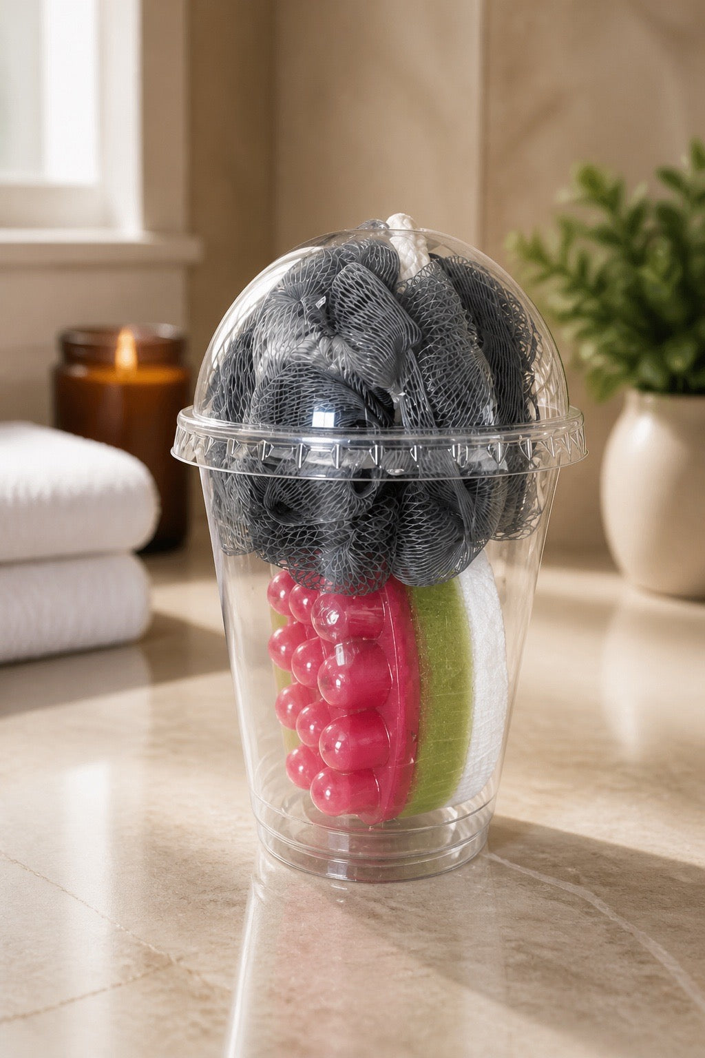 Clear plastic container with soap bath products including a black loofah, pink ball, and green sponge on a bathroom counter.
