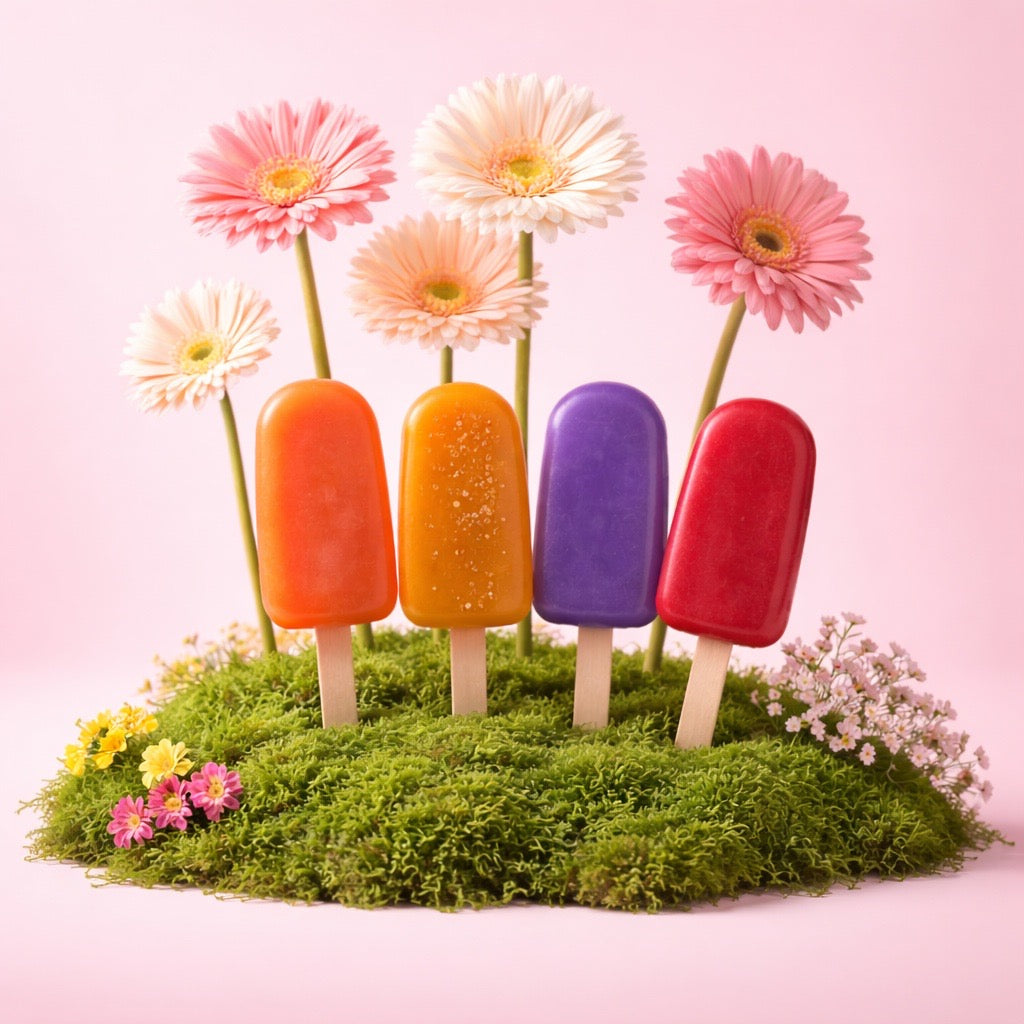 Colorful popsicles spas with flowers on a pink background