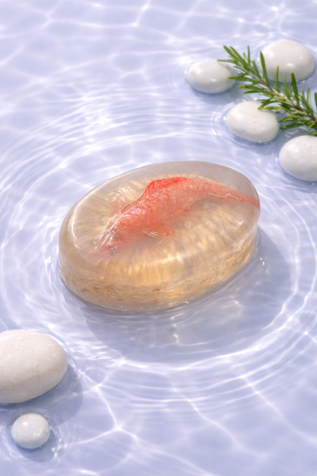 Soap with a fish design floating on water surrounded by white stones and a branch
