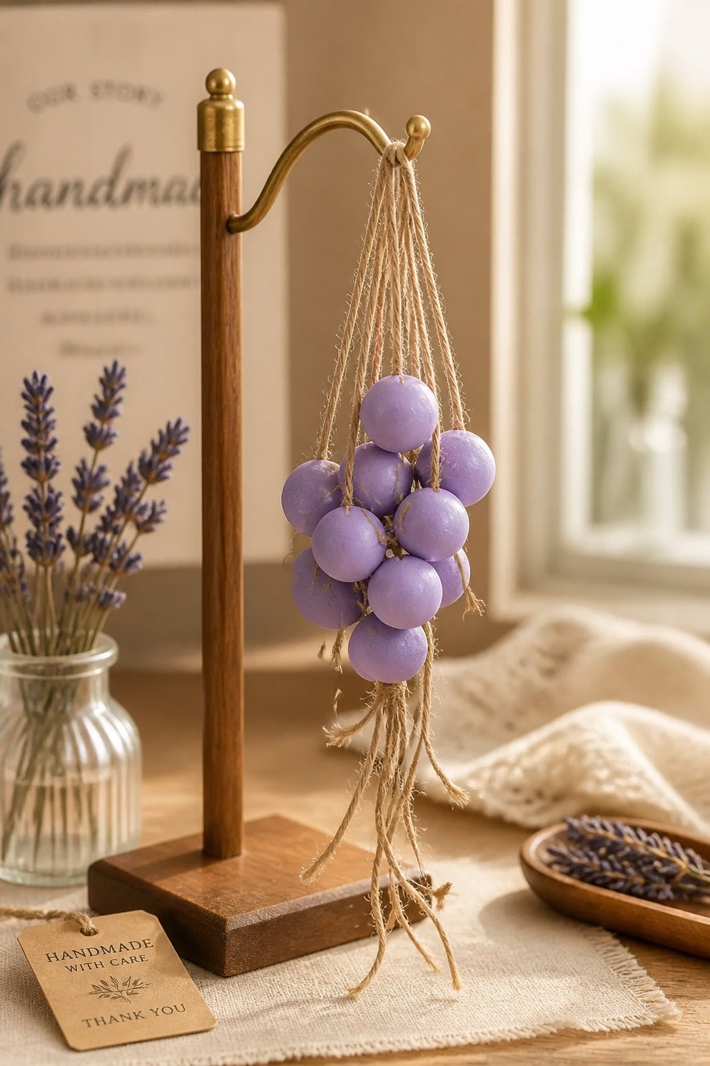 Decorative grape soap on a wooden stand in a home setting