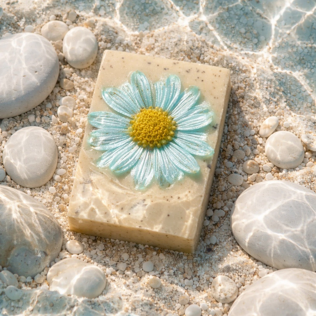 Bar of soap with a daisy design on a pebbly surface