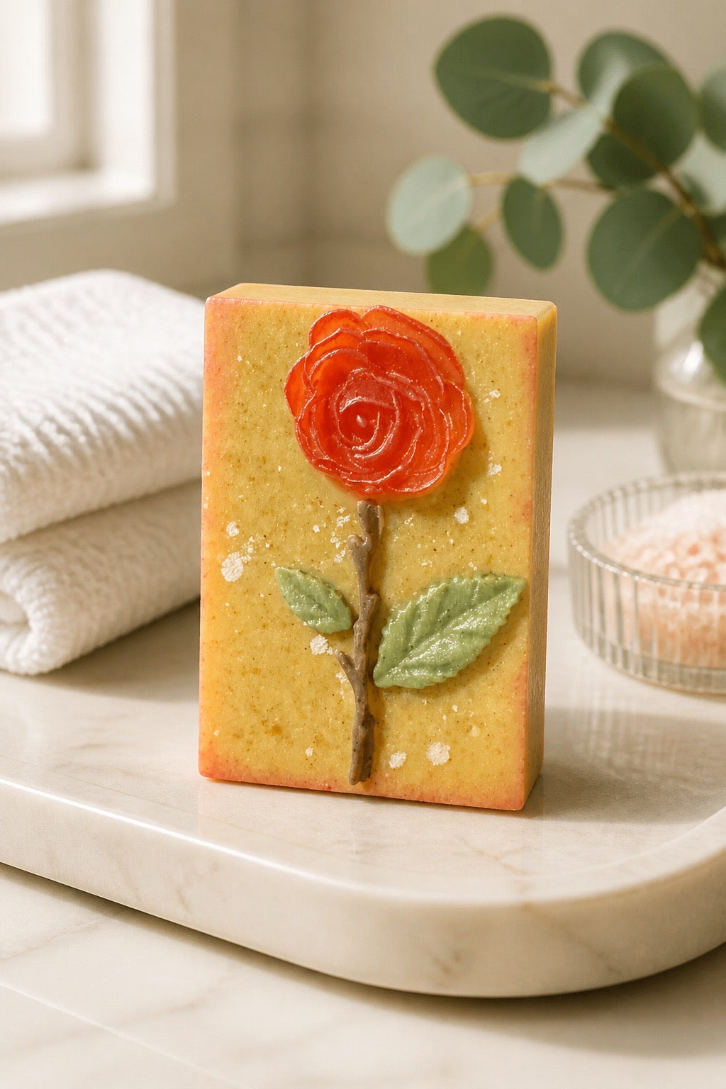Bar of soap with a rose design on a marble surface