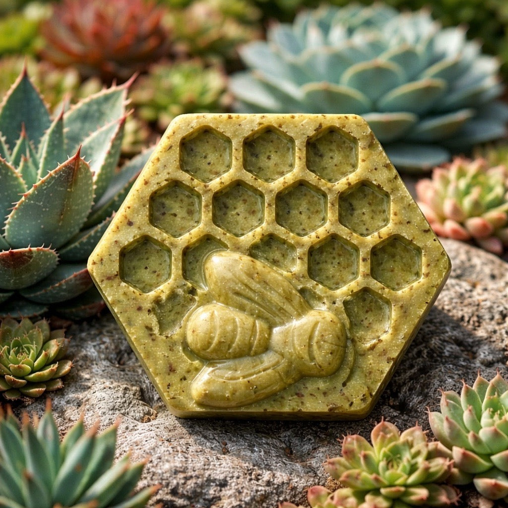 Hexagonal stone with honeycomb and bee design surrounded by succulent plants
