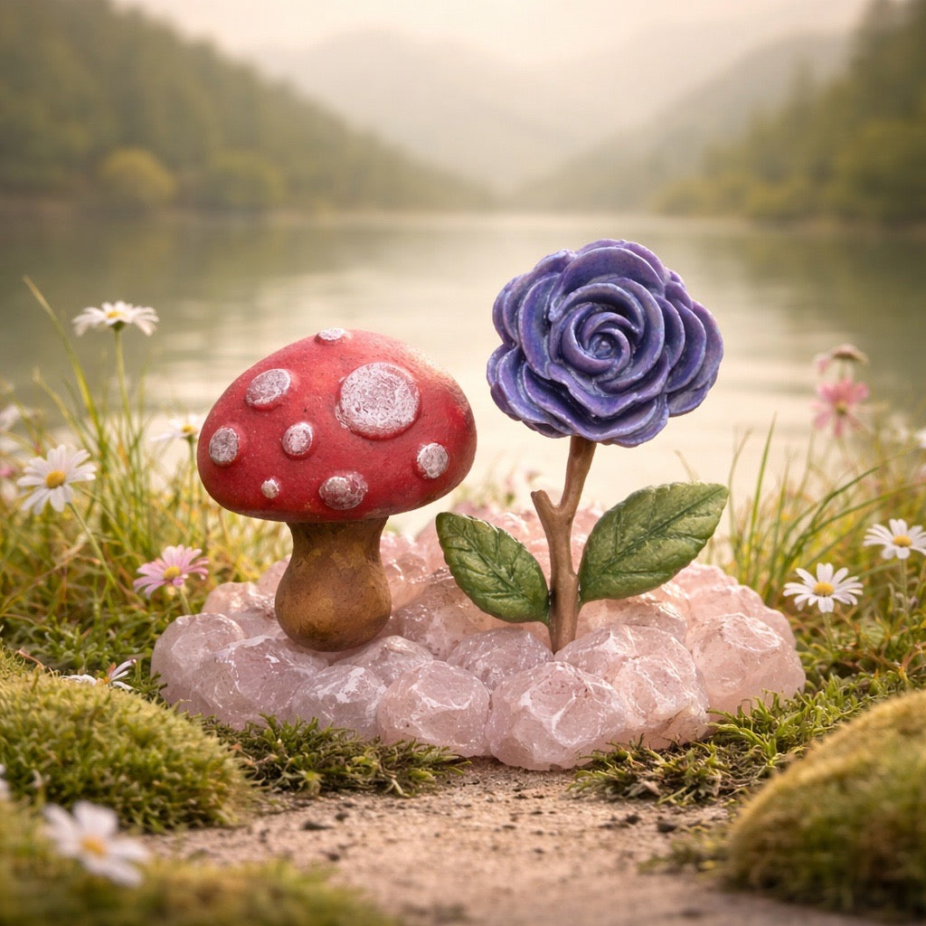 Decorative mushroom and flower soap on a rock with a scenic background of a lake and mountains.