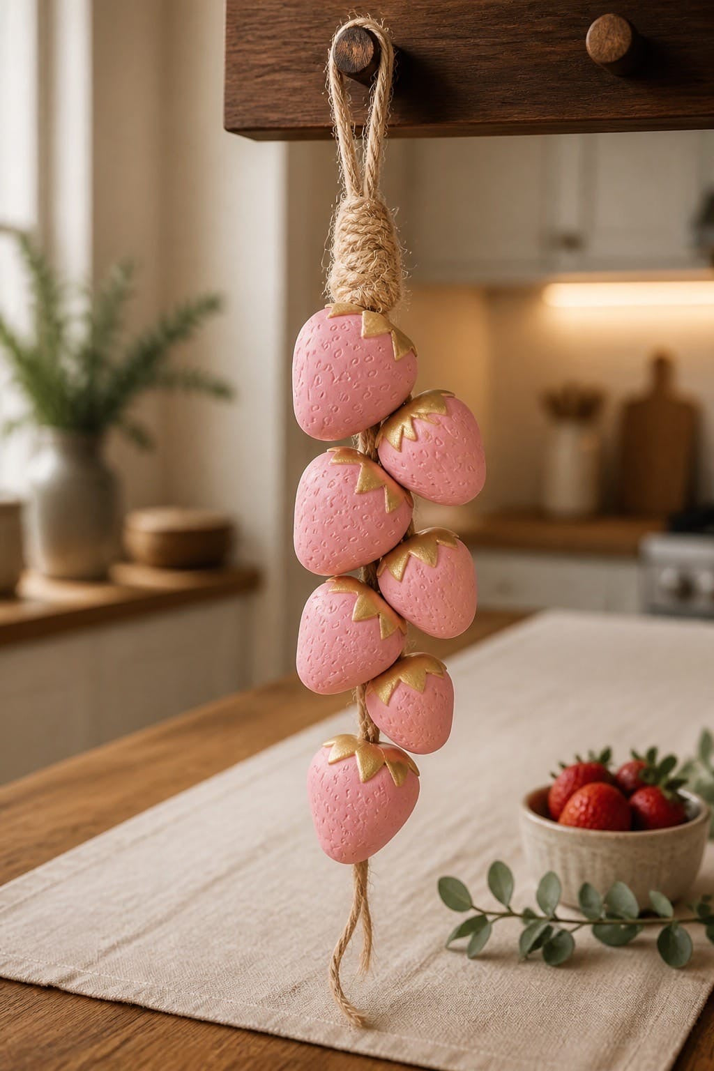 Decorative pink soap strawberries, wall hanging on a wooden surface with a kitchen background